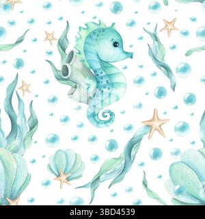 Seepferdchen-Charakter mit nahtlosem Muster von Algen, Muscheln, Sternen und Blasen. Aquarell Kinderillustration türkisfarbene Töne isoliert von Stockfoto