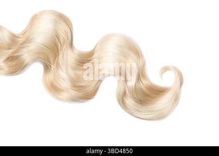 Blondes, welliges Haar auf weißem Hintergrund, Draufsicht Stockfoto