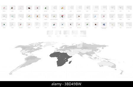 Afrikanische Karten in Grau mit Nationalflaggen. Graue Weltkarte Mit Afrika. Stock Vektor