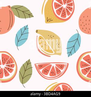 Buntes Muster verschiedener Zitrusfrüchte, einschließlich Orangen, Zitronen und Grapefruits mit grünen Blättern Stock Vektor