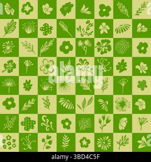 Nahtloser Hintergrund-Käfig mit Pflanzen. Öltuchmuster. Handzeichnung. Nicht AI, Vektorillustration Stock Vektor