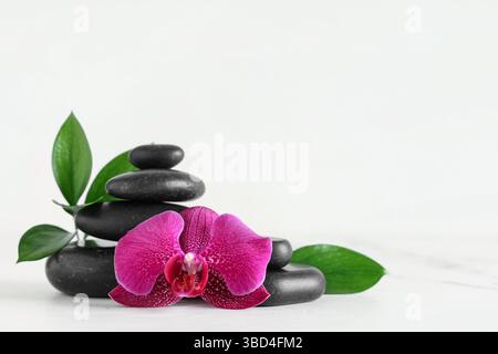 Komposition mit Spa-Steinen, schöne Orchideenblume und Pflanzenblätter auf hellem Hintergrund Stockfoto