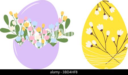 Osterei und zerrissene Eierschale mit Blütenzweigen Blumenstrauß und Dekor Osterdesign-Ideenset. Isolierte Vektor-Illustration Ostern oder Frühling Gruß Thema oder Poster, Banner, Faltblatt, Tag Stock Vektor