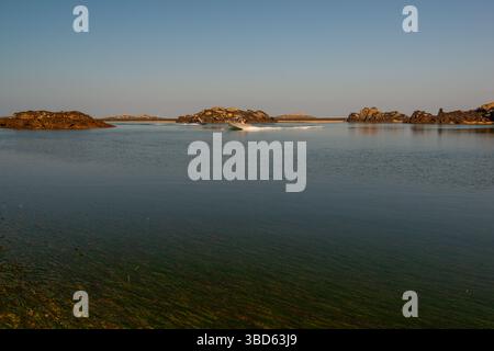 Die Küste der Chausey-Inseln während eines wunderschönen blauen Himmels und sonnigen Tages und bei Ebbe, während ein Motorboot vorbeischwingt. Chausey-Inseln, Normandie, Fra Stockfoto