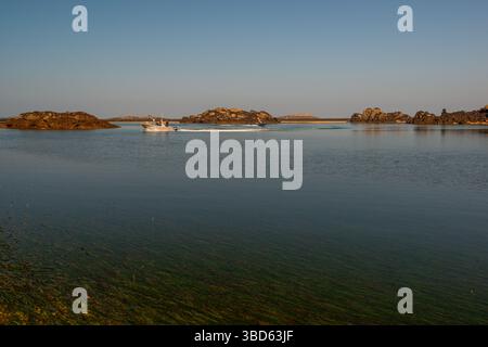 Die Küste der Chausey-Inseln während eines wunderschönen blauen Himmels und sonnigen Tages und bei Ebbe, während ein Motorboot vorbeischwingt. Chausey-Inseln, Normandie, Fra Stockfoto