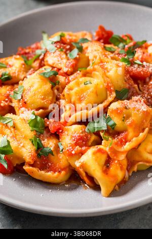 Hausgemachte Tortellini-Pasta mit Tomatensauce und Basilikum Stockfoto