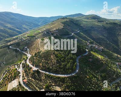 Aus der Luft einer gewundenen Bergstraße, die zu einem ländlichen Dorf zwischen Weinbergen führt Stockfoto