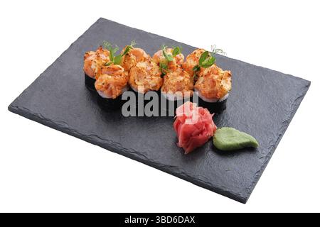 Set von heißen Brötchen mit gebackenem Lachs isoliert auf weißem Hintergrund Stockfoto