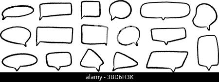 Handgezeichnetes Sprechblasen-Set. Sammlung des Dialogfeldes „Kritzelte Buntstifte“. Skizzierte, strukturierte Comic-Talk-Frames. Textfeldbündel mit rundem, quadratischem oder dreieckigem Stücklistensymbol. Chalk Bleistift Chat Cloud Pack. Vektor Stock Vektor