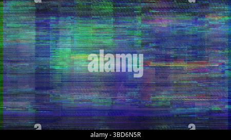 Ein lebendiges und chaotisches digitales Glitch-Kunstwerk mit Grunge-Texturen und Halbtonmustern, das eine Mischung aus Farben und Verzerrungen zeigt Stockfoto