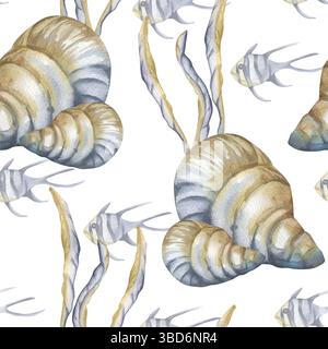 Meeresaquarell nahtloses Muster mit Muscheln, Algen und Aquarium gestreiften Fisch Illustration. Handgezeichnete Meereslebewesen monochrome Hintergrund für t Stockfoto