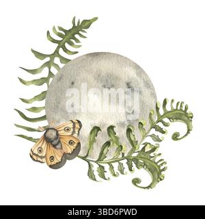 Vollmond mit grünem Waldfarn und Mottenaquarell-Illustration. Handgezeichnete mystische Komposition in Pastellfarben, Nachtfalter auf Himmelsstern mit fl Stockfoto