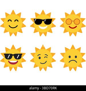 Sonnige Emotionssymbole sind perfekt für Sommeratmosphäre und lustige Aktivitäten Stock Vektor