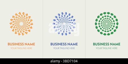 Ein Set mit 3 eleganten spiralförmigen Vektorlogos in Orange, Blau und Grün. Perfekt für Branding-, Gesundheits-, Wellness- oder Öko-Unternehmen Stock Vektor
