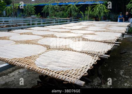 Flache Reismehlkuchen, die in einer Nudelfabrik in Can Tho, Südvietnam, zum Trocknen in der Sonne verteilt werden. Stockfoto