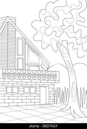 Eine schwarz-weiße Linienzeichnung mit einem charmanten Landhaus mit einer unverwechselbaren Dachlinie und einem Balkon, einem stilisierten Baum und einer einfachen La Stock Vektor