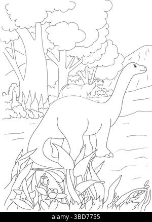 Schwarz-weiße Linienzeichnung von zwei Dinosauriern in einer prähistorischen Landschaft mit Bäumen und Pflanzen, bereit zum Färben. Stock Vektor