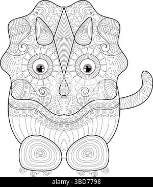 Schwarz-weiße Strichgrafik-Illustration eines stilisierten Dinosauriers mit komplizierten zentangle-Mustern und dekorativen Elementen. Als Seite für Stock Vektor