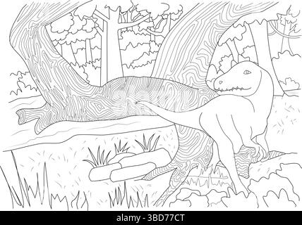 Schwarz-weiße Strichkunst-Illustration eines prähistorischen Dinosauriers, der in einem dichten Wald oder Dschungel steht. Diese detaillierte Zeichnung ist perfekt für Stock Vektor