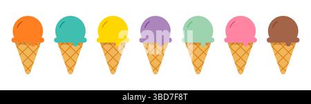 Eiskegel auf Waffeln viele Geschmacksrichtungen Desserts für den Sommer. Stock Vektor