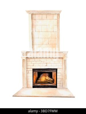 Aquarellillustration handgemalter Kamin. Weißer gemütlicher, minimalistischer Kamin ohne Dekoration Stockfoto