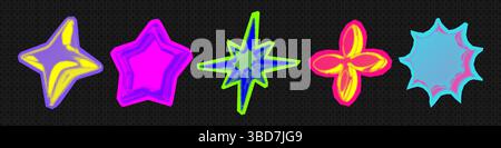 Y2K 3d Punk Neonfarben Hell Chrom Halbtonsterne Form Retro abstrakte Vektor Illustration Sticker Set. Stock Vektor