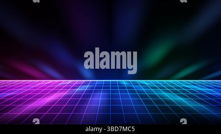 Hintergrund im Retro-Cyberpunk-Stil mit einem leuchtenden Neon-Gitterboden in Pink und Blau, mit dynamischen Streifen von violettem und grünem Licht gegen ein dunkles f Stock Vektor
