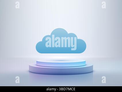 Minimalistische 3D-Szene mit einer sanften blauen Wolke, die über einem strahlend weißen kreisförmigen Podium schwebt und moderne Technologie, Datenkonzepte und Zukunftsforscher repräsentiert Stock Vektor