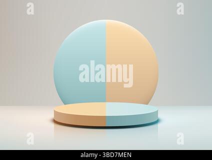 Minimalistische 3D-Szene eine runde Kulisse in Gelb und Hellblau mit einem passenden runden Podium, sanfte Lichtschatten auf der reflektierenden Oberfläche, Mod Stock Vektor