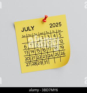 Gelbes Notizpapier mit handgeschriebenem Kalender vom Juli 2025, Mai und Daumennadel auf weißem Hintergrund. 3D-Rendering Stockfoto