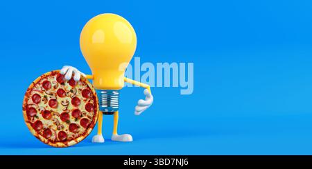 Kreatives Lebensmittelkonzept. Gelbes Glühbirnen-Maskottchen, Das Pfefferoni-Pizza Mit Pilzen Auf Blauem Hintergrund Hält. 3D-Rendering Stockfoto