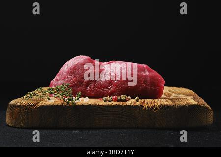 Blick aus der unteren Perspektive auf das rohe Rindersteak mit drei Spitzen auf einem schäbigen Holzbrett Stockfoto