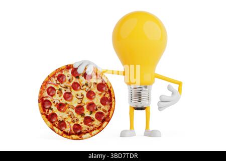 Kreatives Lebensmittelkonzept. Gelbes Glühbirnen-Maskottchen, Das Pfefferoni-Pizza Mit Pilzen Auf Weißem Hintergrund Hält. 3D-Rendering Stockfoto