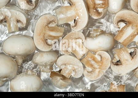 Rohe weiße Pilze Champignons Close-up Splash in einer Water Top View. Stockfoto