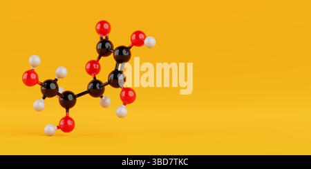Chemikalienkonzept. Buntes Vitamin-C-Molekularstrukturmodell mit Atomen, die durch Bindungen auf gelbem Hintergrund verbunden sind. 3D-Rendering Stockfoto