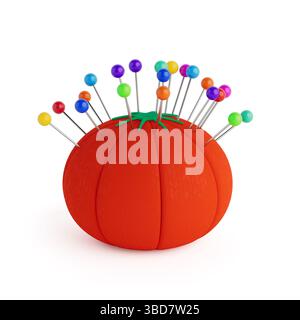 Näh- Und Schneidekonzept. Rotes Tomatenförmiges Pin-Kissen Mit Bunten Pins Auf Weißem Hintergrund. 3D-Rendering Stockfoto