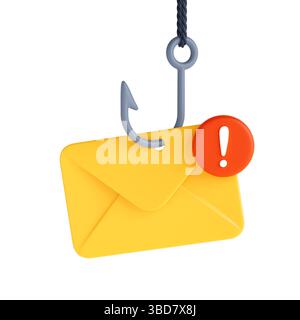 Cybersicherheit Und Phishing Alert-Konzept. Gelber Umschlag Auf Fischhaken Mit Ausrufezeichen Auf Weißem Hintergrund. 3D-Rendering Stockfoto