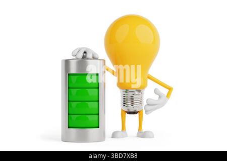 Energieeffizienz Und Stromversorgungskonzept. Gelbe Glühbirne Steht Mit Voll Aufgeladener Batterie Auf Weißem Hintergrund. 3D-Rendering Stockfoto