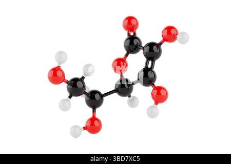 Chemikalienkonzept. Buntes Vitamin-C-Molekularstrukturmodell mit Atomen, die durch Bindungen auf weißem Hintergrund verbunden sind. 3D-Rendering Stockfoto