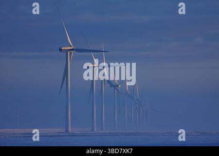 Windräder im Nebel im Winter, Deutschland Stockfoto