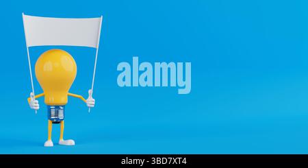 Kommunikations- Und Nachrichtenkonzept. Gelbe Cartoon-Glühbirne, Die Leere Weiße Flagge Auf Blauem Hintergrund Hält. 3D-Rendering Stockfoto