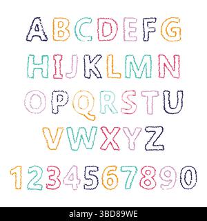 Handgezeichnete lateinische Buchstaben und Zahlen. Moderne Großbuchstaben und Schriftart. Mehrfarbige Symbole auf weißem Hintergrund. Vektorabbildung. Stock Vektor