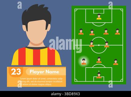 Profil des Fußballspielers und seines Platzes auf dem Fußballfeld. Vektorabbildung Stock Vektor