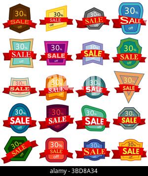 Set mit 20 Rabattaufklebern. Bunte Abzeichen mit rotem Band zum Verkauf: 30 % Rabatt. Vektorabbildung. Stock Vektor