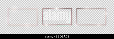 Rechteckige, glänzende Rahmen mit leuchtenden Effekten. Set aus drei rechteckigen Rahmen aus Roségold mit Schatten auf transparentem Hintergrund. Vektorabbildung Stock Vektor