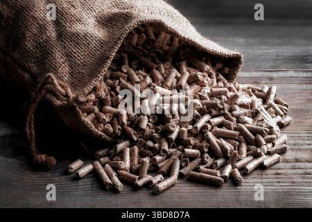 Holzpellets in Einem Jute-Sack auf rustikalem Holzhintergrund Stockfoto