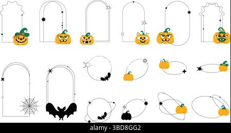 Geometrische Linie halloween-Rahmen-Illustration im minimalen Stil auf weißem Hintergrund. Stock Vektor