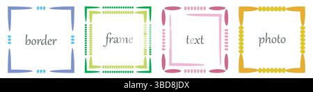 Rahmen, Doodle Punktrandsatz. Handgezeichneter Pinselstrich, blaurosa grüner mehrfarbiger Hintergrund. Quadratische geometrische Umrissform. Text Stock Vektor