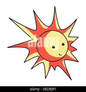 Helle Sonne im Cartoon-Stil. Dieses Vektorbild zeigt eine fröhliche, stilisierte Sonne mit einem freundlichen Gesicht. Stock Vektor