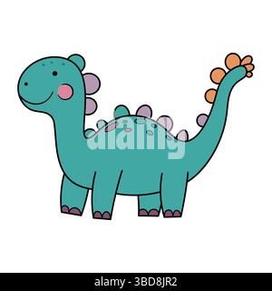 Entzückender Dinosaurier-Cartoon. Diese niedliche Dinosaurier-Illustration zeigt einen grünen Dinosaurier mit langem Hals und einem fröhlichen Lächeln. Stock Vektor